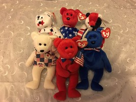 (6) TY PATRIOTIC BEANIE BABIES BEARS LIBERT-E GLORY SAM PATRIOT THOMAS LIBERTY - £18.44 GBP