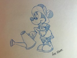 Original Minnie Mouse Gardener Blue Pencil Alex Maher Fashion Production Drawing - £153.76 GBP