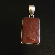 LARGE .925 STERLING SILVER NECKLACE PENDANT CUSHION CUT GOLDSTONE GOLD STONE - £15.33 GBP