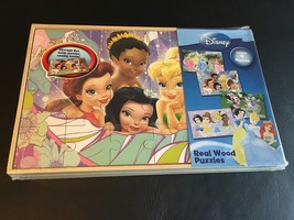 DISNEY PRINCESS TINKERBELL MINNIE MOUSE 4 WOOD PUZZLES &amp; STORAGE TRAY NEW - £23.68 GBP
