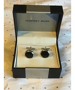 Geoffrey Beene Silvertone &amp; Black Enamel Round Dress Cuff Links - £23.52 GBP