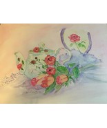 ORIGINAL SIGNED WATERCOLOR ROSE TEAPOT W/ FLORAL ACCENTS PINK PURPLE RED... - $1,730.42 MXN