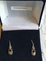 .925 Sterling Silver Garnet Cabochon Scrollwork Drop Dangle Pierced Earrings  - £53.99 GBP