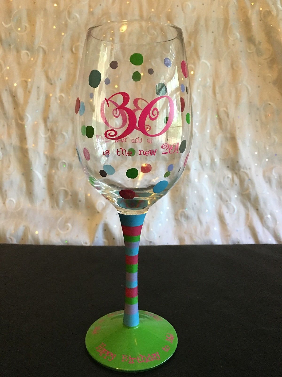 Primary image for HAPPY BIRTHDAY "30 IS THE NEW 20" HAND PAINTED WINE GLASS PINK PURPLE GREEN BLUE