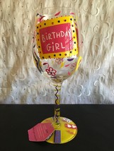 LOLITA HANDPAINTED BIRTHDAY PARTY GIRL WINE GLASS RECIPE PINK YELLOW HEARTS NEW - £19.75 GBP