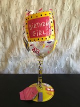 LOLITA HANDPAINTED BIRTHDAY PARTY GIRL WINE GLASS RECIPE PINK YELLOW HEARTS NEW - $25.11