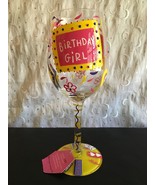 LOLITA HANDPAINTED BIRTHDAY PARTY GIRL WINE GLASS RECIPE PINK YELLOW HEA... - $25.11