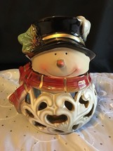 Kirkland&#39;s Ceramic Snowman Tea Light Holder Black Hat Red Scarf Adorable! Nib - £14.57 GBP