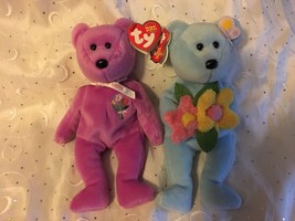 TY BEANIES BLUEBONNET &amp; MOTHER 2004 PINK AND BLUE BEARS LOT OF (2) NWT MINT - £11.38 GBP