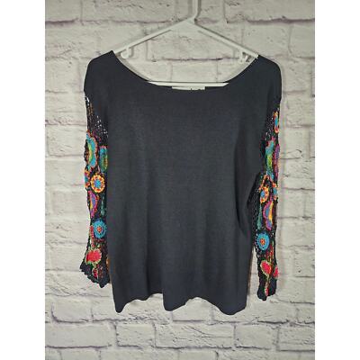 Joseph A.  Black Knit Top with Colorful Crochet 3/4 Sleeves Sz Medium Silk Blend Item image 7