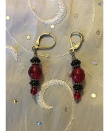 SILVER RED BLACK BLOWN GLASS BEAD LEVERBACK EARRINGS - $19.34