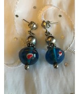 BLOWN GLASS SILVER BEAD POST ART EARRINGS BLUE W/ RED WHITE GOLD ACCENTS... - £15.12 GBP