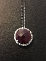 .925 Silver 11.04 Round Indian Ruby Gemstone White Topaz Necklace Pendant - £79.79 GBP