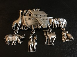Large Vintage Jj Signed Noah&#39;s Ark W/ Dangling Animals Pewter Brooch Pin 3&quot; Wide - £18.93 GBP