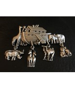 LARGE VINTAGE JJ SIGNED NOAH&#39;S ARK W/ DANGLING ANIMALS PEWTER BROOCH PIN... - $451.21 MXN