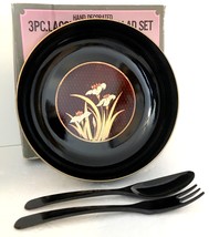 Vtg Japanese Lacquerware Salad Set 10&quot; Bowl, 2 Servers Black w/Floral NE... - $24.99