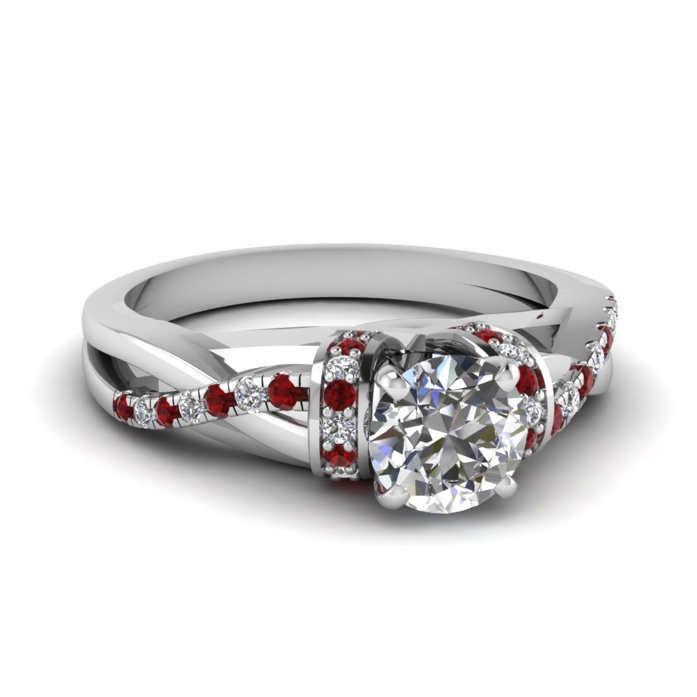 Round Cut CZ Side Stone Sleek Twist Ring W/ Red Ruby 18k White Gold Fn - $40.73