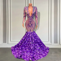 Purple Sparkly Prom Dresses Long Sleeve Floral Elegant Formal Occasion D... - £155.87 GBP