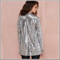 Sparkling Silver Sequined Hip Night Club DJ Blazer Turn Down Collar Coat Jacket image 3