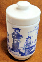 Fashioned in Belgium Transfer-ware Container Jar with Lid Milk White Blue Glass - £15.88 GBP