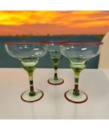 Set Of 3 Margarita Glass Set Hand Blown Light Green Glass Hand Painted EUC - $34.78 CAD