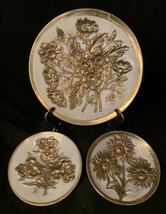Vintage Embossed Metal Wall Plates 2 Tone Made in England Floral scene 1... - $20.78