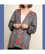 New UMGEE M gray embroidered roses open style sueded texture open tunic ... - $25.74