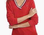 Tommy Hilfiger Chenille Red V-Neck Embroidered Flag Pullover Sweater Siz... - $17.62