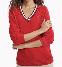 Tommy Hilfiger Chenille Red V-Neck Embroidered Flag Pullover Sweater Size XS - £13.92 GBP