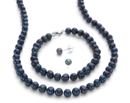 Black Freshwater Cultured Pearl Earrings Necklace Bracelet Set - £125.29 GBP