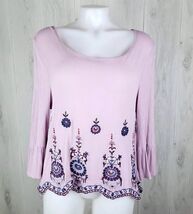 Aeropostale Boho Blouse Sz L Embroidered Bell Sleeve Keyhole Tie Back Lilac - $9.89