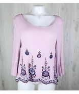 Aeropostale Boho Blouse Sz L Embroidered Bell Sleeve Keyhole Tie Back Lilac - $9.89