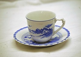 Vintage Teleflora Gift Tea Cup &amp; Saucer Set Blue &amp; White Ribbed Farmland... - £10.05 GBP