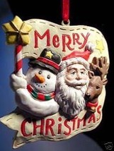 Santa with Snowman Reindeer Christmas Banner Ornament! - £7.86 GBP