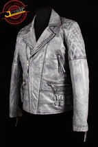 Men&#39;s Grey Silver Motorcycle Motorbike Biker Genuine Real Leather Jacket - £95.23 GBP