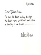 Miles Gibson - hand-written letter  re signing books. UK author - $15.00