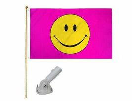 5&#39; Wood Flag Pole Kit Nylon White Bracket 3x5 Smiley Happy Face Pink Poly Flag - £19.60 GBP