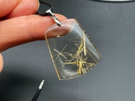 Gold Rutilated Quartz Crystal Pendant Rectangle Jewelry Gift E040317 - £81.43 GBP