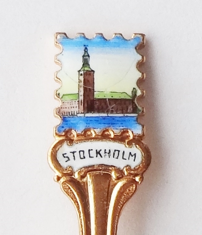 Collector Souvenir Spoon Sweden Stockholm City Hall Enamel Emblem - $4.98