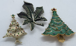 Vintage Mid-Century BSK Rhinestone Leaf Brooch &amp; Gerry Christmas tree pin - £13.04 GBP