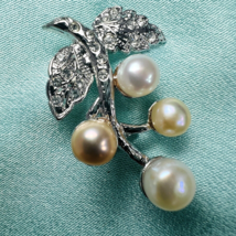 Vtg Emporio Pearl Pin Brooch Leaves Berries Cluster Rhinestone Shiny Sil... - $49.99