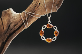 Round delicate pendant. Sterling silver and Baltic amber. - £37.92 GBP