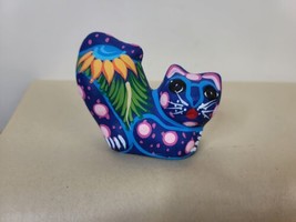 Talavera Mexico Folkart Cat Pottery Blue with Flowers 3.5 x 4 Inches Hand Painte - £15.79 GBP