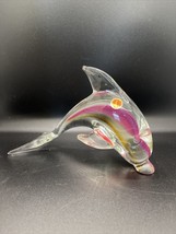 Murano Dolphin Figurine 7&quot; Red Clear Cased Glass Italy Vintage Pink Yellow - $62.88