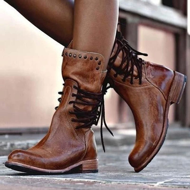 Women Leather Mid Calf Boots Retro  -Up Low Heels Autumn Winter Motorcycle Boots - £95.38 GBP