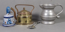 Mini Vintage Lot of 4, Brass Teapot (Holland) Blue Bell, Spoon &amp; Pewter Creamer. - £10.01 GBP