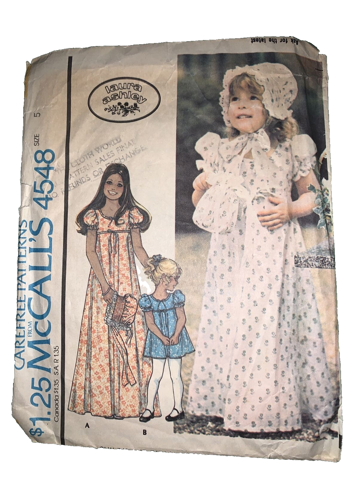 1975 McCALL'S #4548 - GIRLS "LAURA ASHLEY" TWO LENGTH DRESS-BONNET PATTERN  5 - $3.84