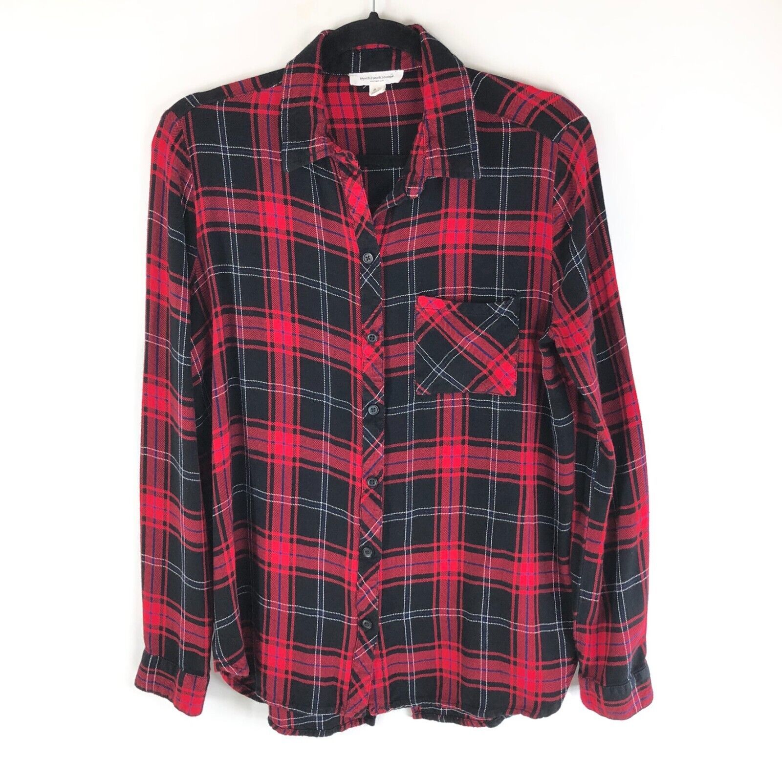 Beach Lunch Lounge Womens Flannel Button Down Shirt Plaid Red Black Size S