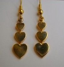 3 Tier Hearts Gold Metal Earrings Handmade Dangle Hook Pierced  - £15.98 GBP