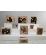 Travel wood rubber stamp lot trains luggage village map Paris Echoes des... - $20.78